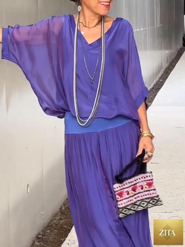 Zita La Belle Elite solid-color chiffon two-piece casualwear set with long sleeves and flowing fabric in various colors.