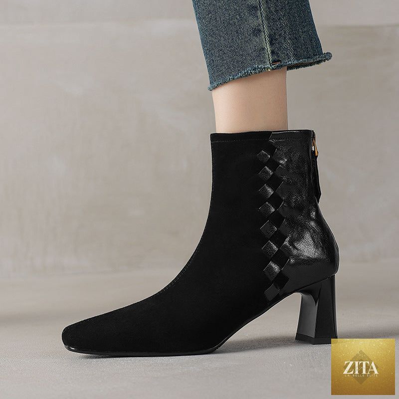 Zita La Belle Elite women's sheepskin ankle boots with chunky heels and square toes in Korean patchwork style.