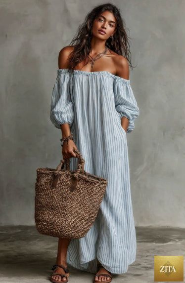 Women's off-shoulder long-sleeve maxi dress by Zita La Belle Elite, casualwear style, shown on a model with flowing fabric.