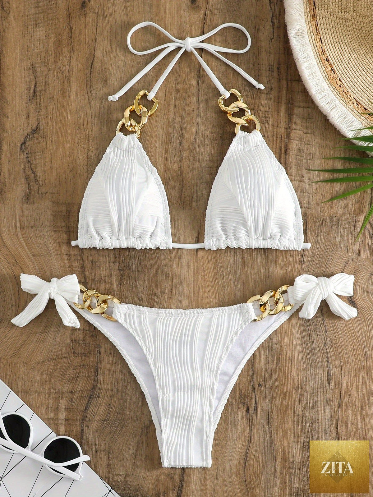 Stevvex striped gold chain bikini set with ruched texture, halter top, bow sides, and ring link detail perfect for summer beachwear.