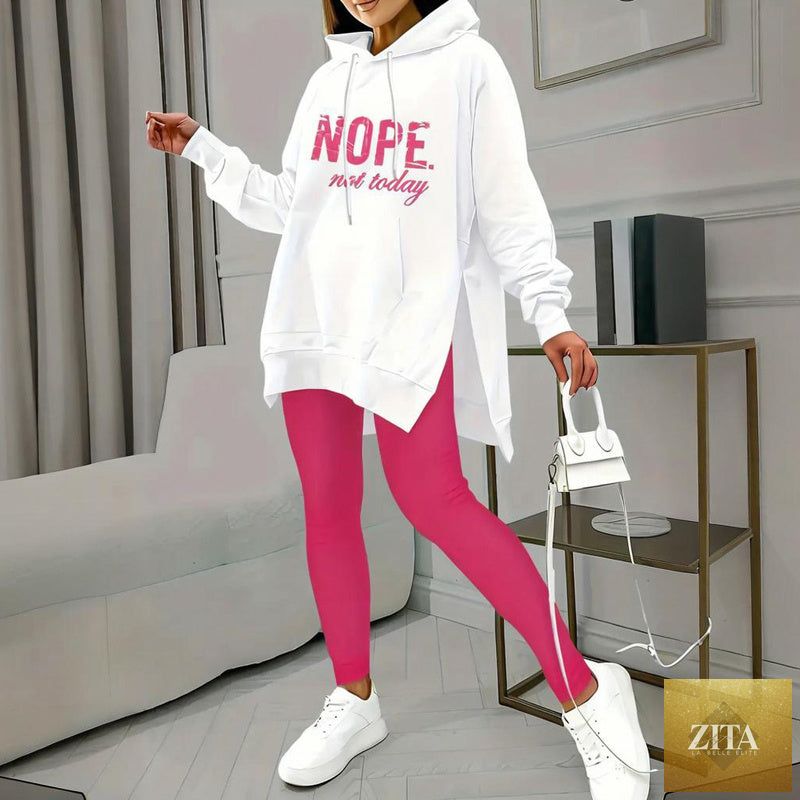 FitiqueFit casual 2-piece set with solid color leggings and letter print hooded sweatshirt, comfortable and stylish casual wear.