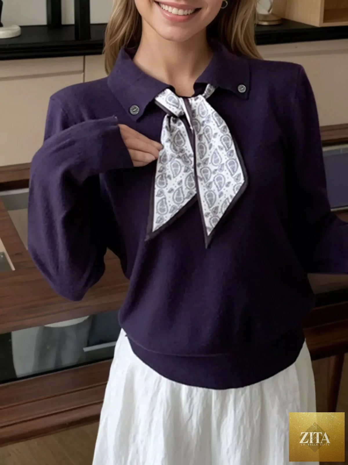 Scarf-Accented Long Sleeve Sweater