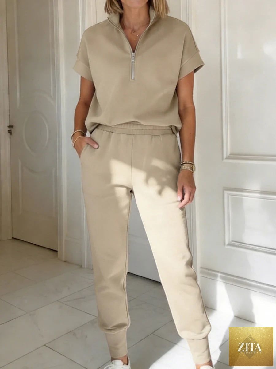 Zita La Belle Elite athleisure knit 3/4 sleeve T-shirt and pants set in three colors, casualwear for S to 3XL.