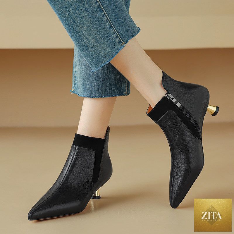Women's genuine leather kitten heel ankle boots by FitiqueFit with pointed toe and side zipper, stylish footwear for women.