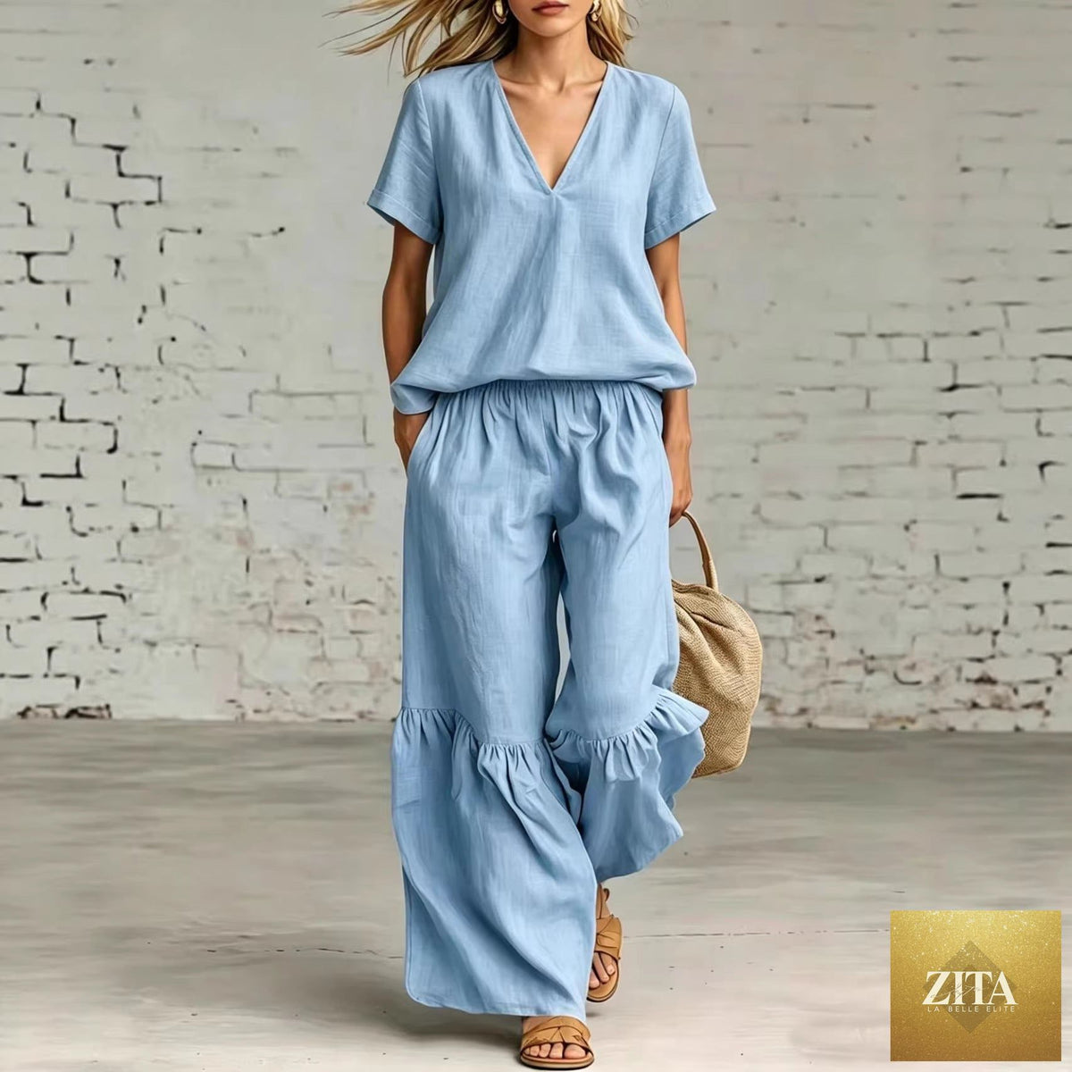 Zita La Belle Elite casual V-neck loose short-sleeve top and pants set in multiple colors, available in sizes S to 5XL.