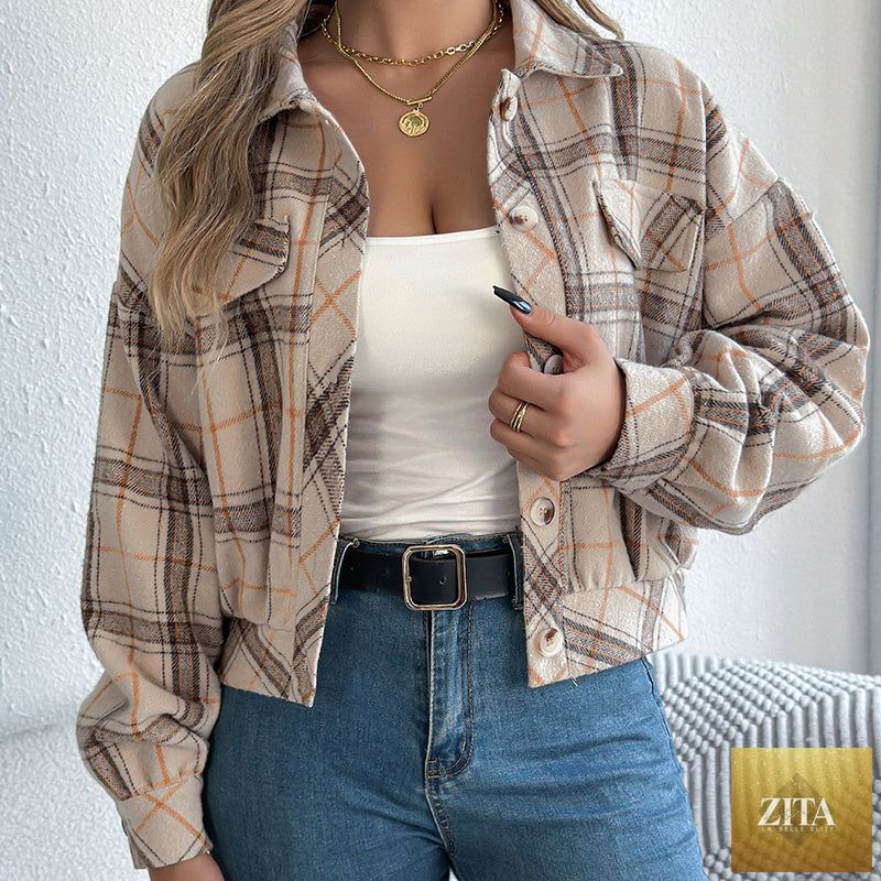 Women’s plaid shacket by FitiqueFit featuring a long-sleeve button-down design, perfect as a stylish layered jacket.