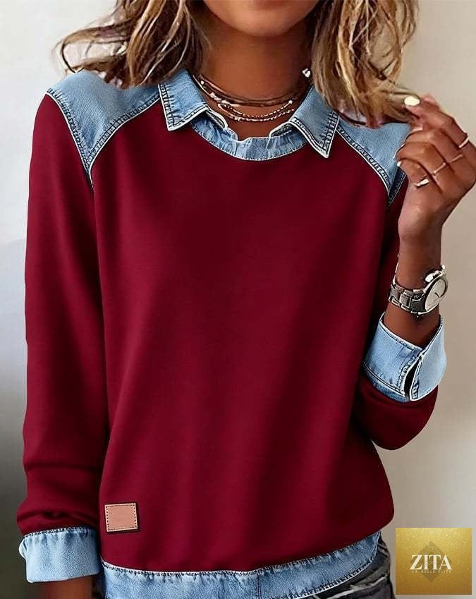 Women’s denim collar patchwork pullover knitwear top by FitiqueFit, featuring a casual street style design with patchwork details.
