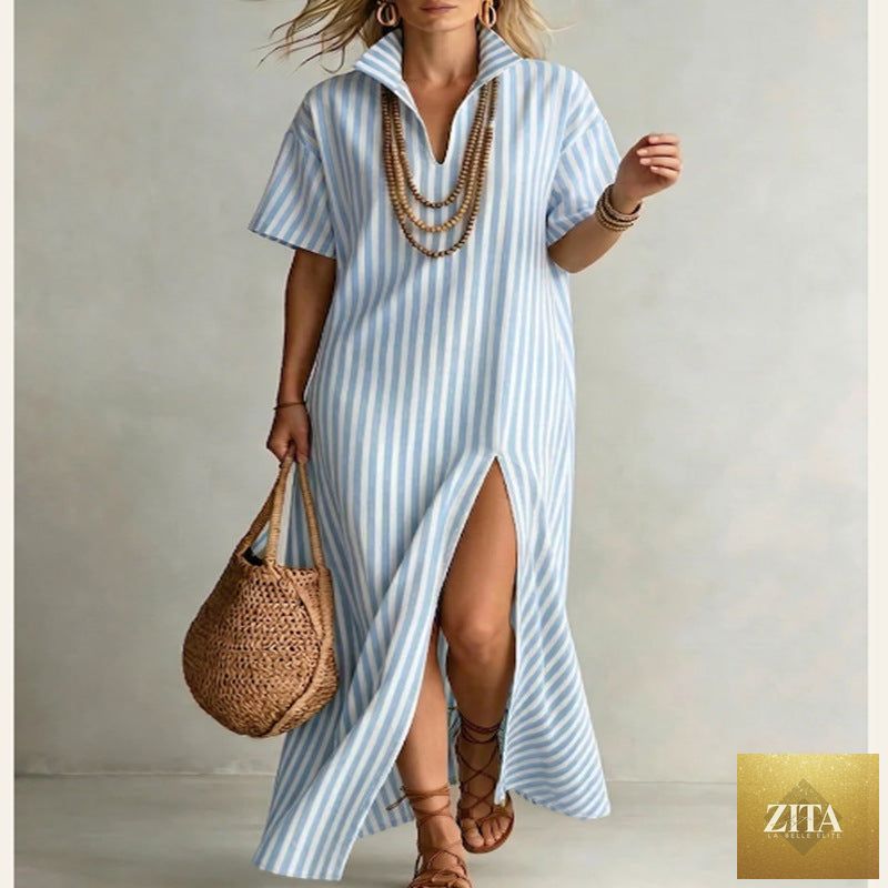 Women's striped cotton-linen maxi dress with slit, V-neck, short sleeves, casualwear by FitiqueFit, shown on a model.