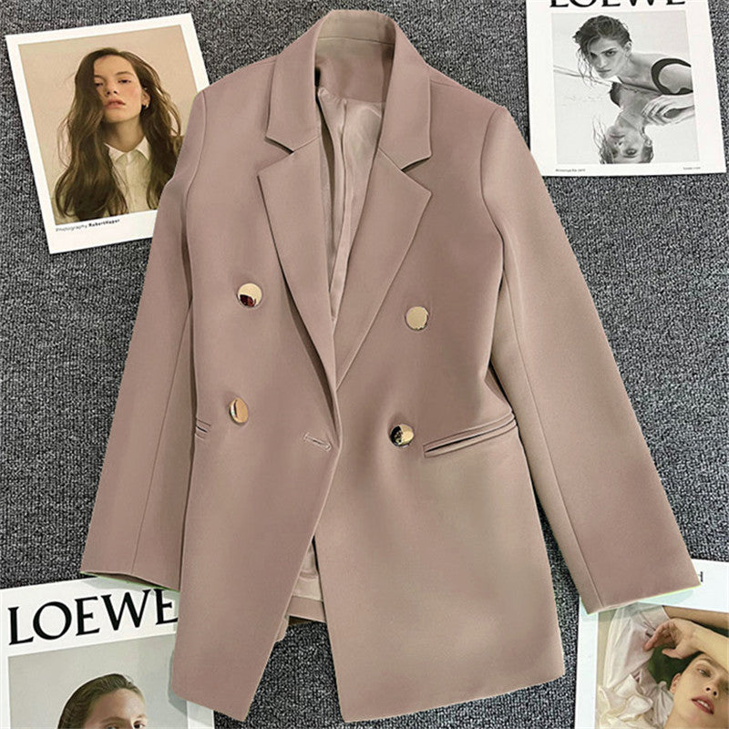 Women's solid-color long-sleeve blazer with metallic zipper detail, casualwear by FitiqueFit, shown on a model.
