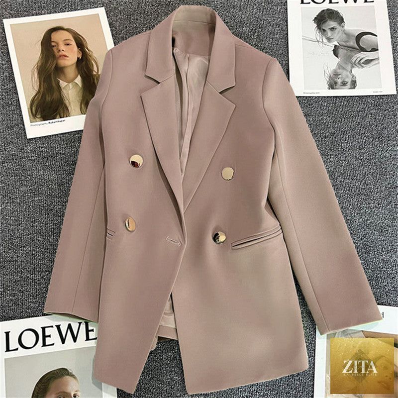 Women's solid-color long-sleeve blazer by FitiqueFit with metallic zipper detail, casualwear style, shown on a model.