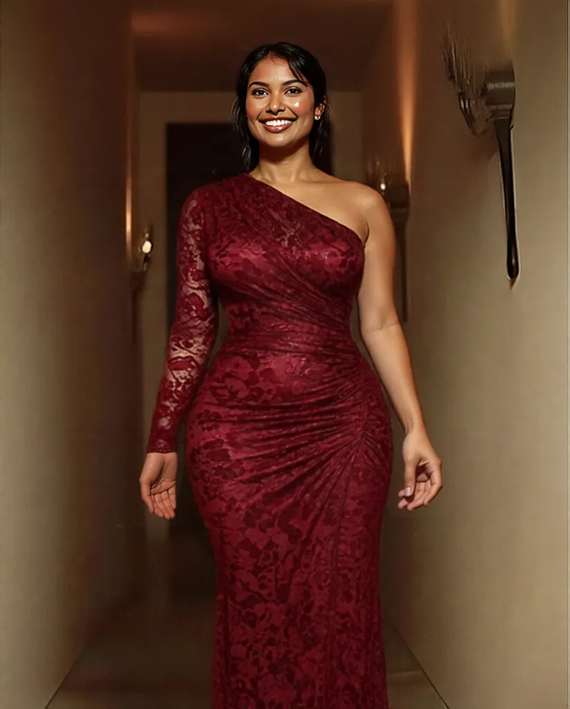 Red one-shoulder lace fishtail maxi dress with ruched details and slit, perfect for dinner or party occasions, by FLIPSTYLEZLLC.