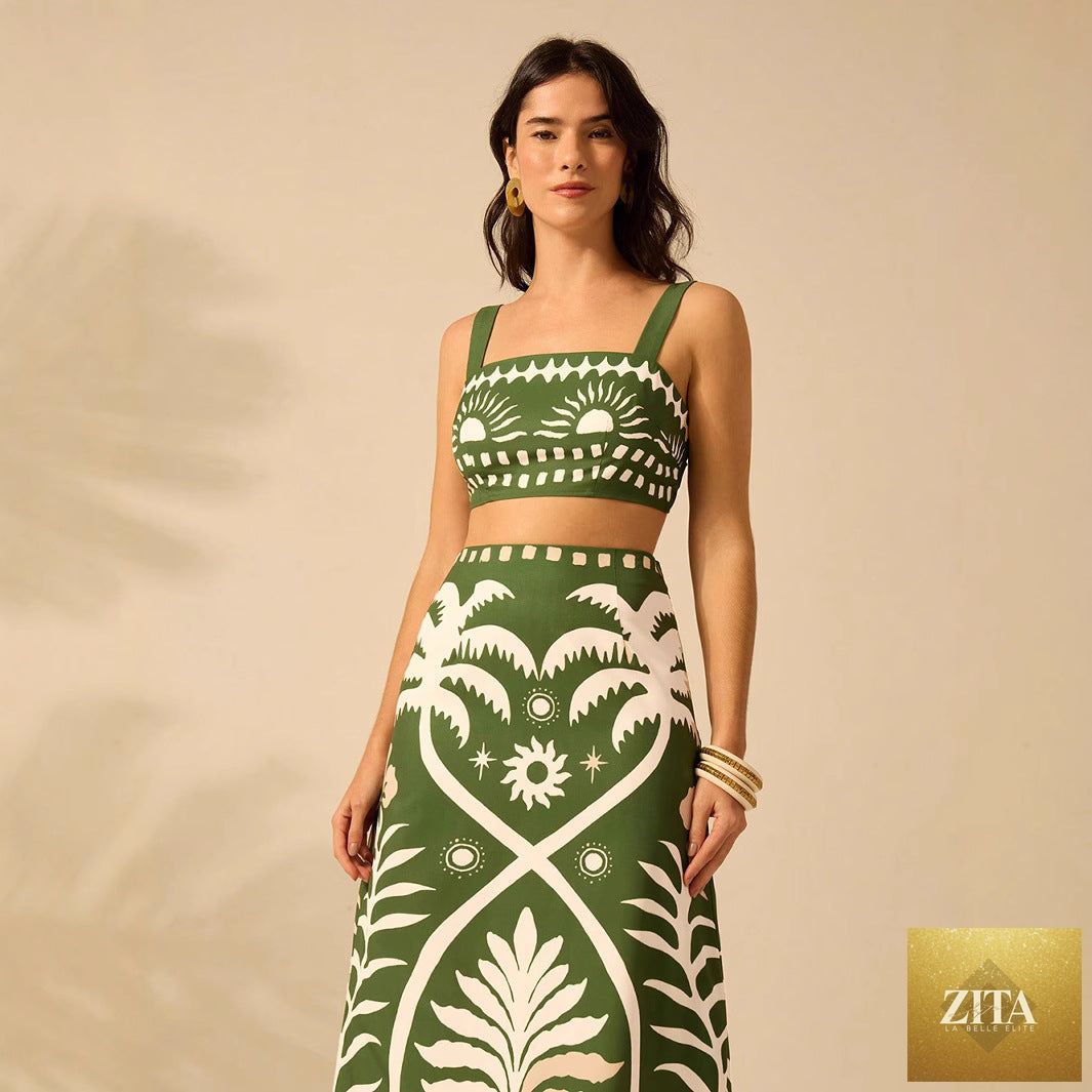 Women's floral printed camisole and high-waisted midi skirt set by Zita La Belle Elite, casualwear, with a vibrant floral pattern.