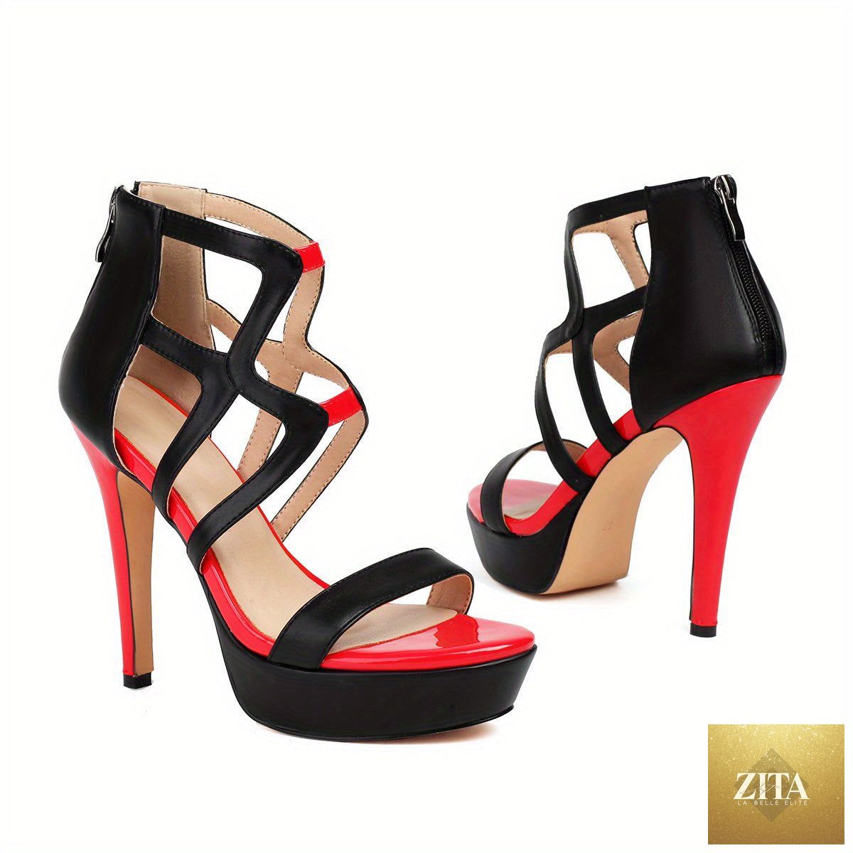 Black and red platform heels with bold strappy design for women, featuring trendy, stylish women's shoes from Trendy Attic Store01.