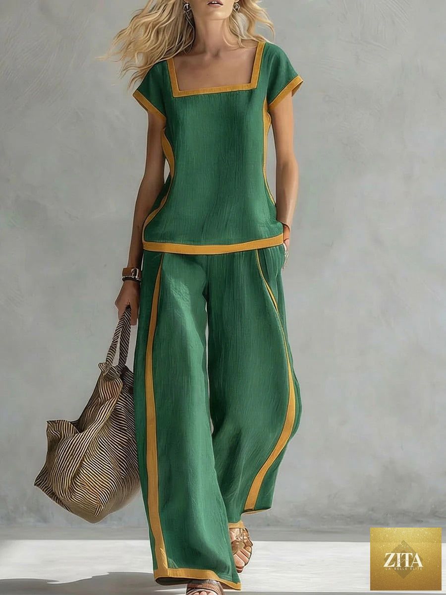Women’s square neck short sleeve two-piece pants set by Zita La Belle Elite, casualwear with a stylish square neckline and comfortable fit.