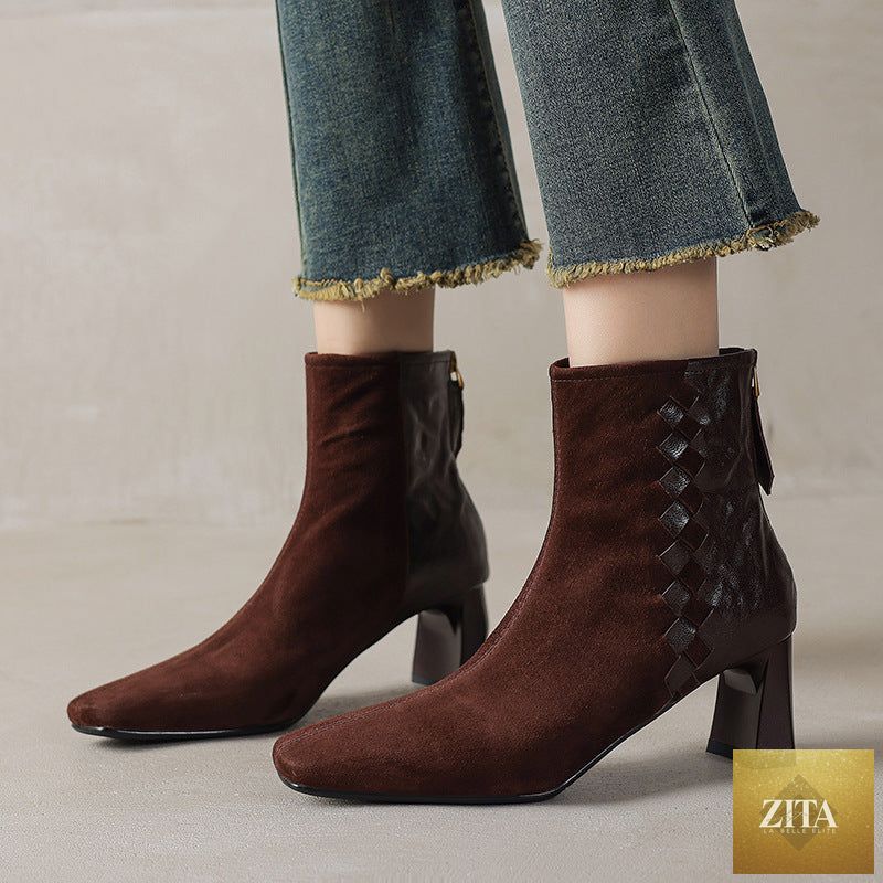 Zita La Belle Elite women's sheepskin square toe ankle boots with chunky heels in Korean patchwork style, showing the textured leather upper.