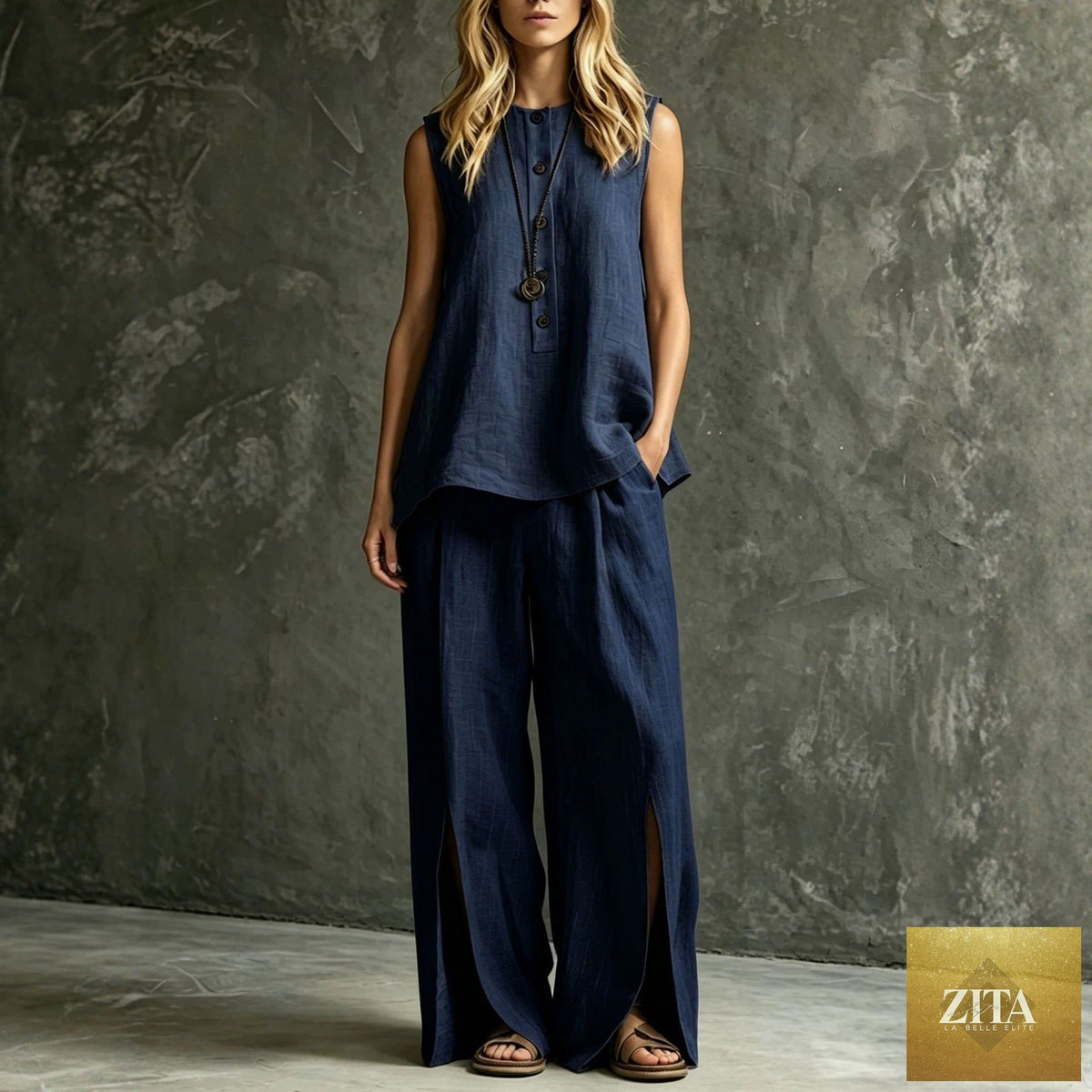Zita La Belle Elite women's casual sleeveless tank top and slit wide-leg pants two-piece set, shown in a relaxed fit and stylish design.