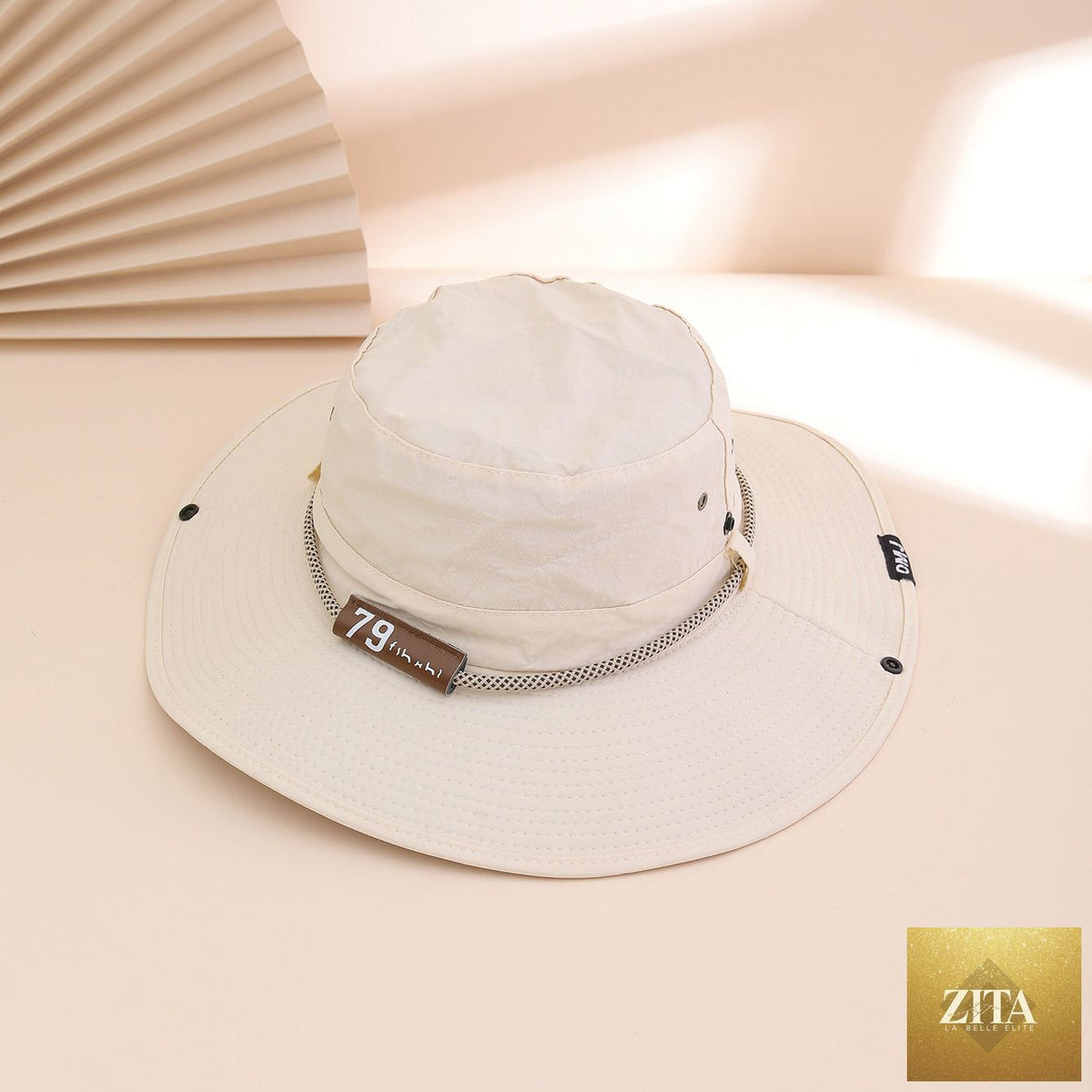 Zita La Belle Elite wide-brim leather patch fisherman hat with UV sun protection, outdoor hat with a leather patch detail.