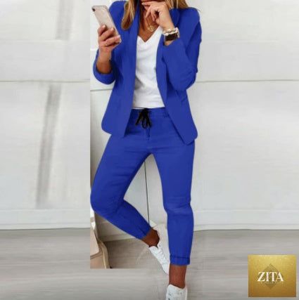 FitiqueFit lapel blazer and drawstring trousers two-piece suit in various colors, featuring a professional and stylish office look.