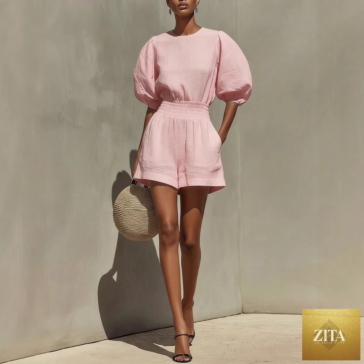 Women's puff-sleeve top and cropped shorts set by Zita La Belle Elite, casual chic casualwear, shown on a model.