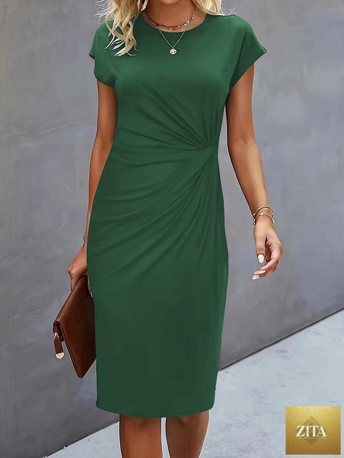 FitiqueFit front knot bodycon midi dress with round neck, sleeveless tie detail, form-fitting design shown on model.