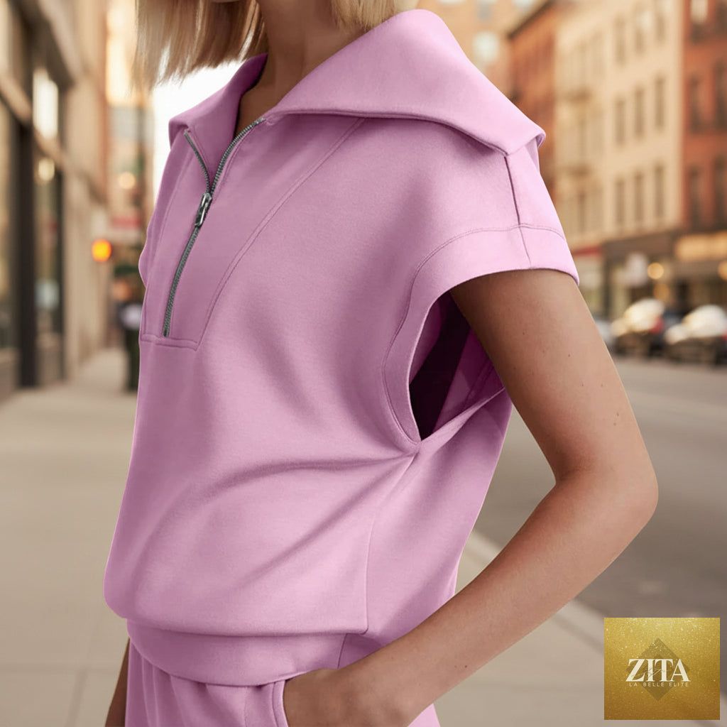FitiqueFit half-zip lapel sweatshirt and shorts two-piece set in multiple colors, casual athletic loungewear for men and women.