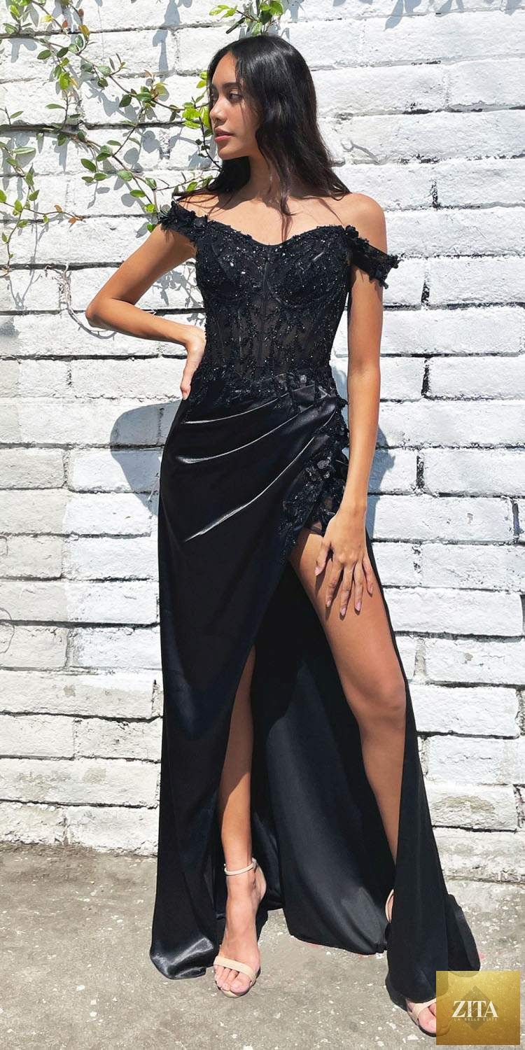 Black Cinderella Divine CD0186 floral off-the-shoulder gown with slit, elegant long dress with floral patterns and off-shoulder design.
