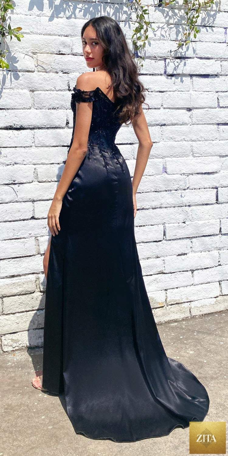 Black Cinderella Divine CD0186 long floral off-the-shoulder gown with slit, elegant dress for formal occasions.