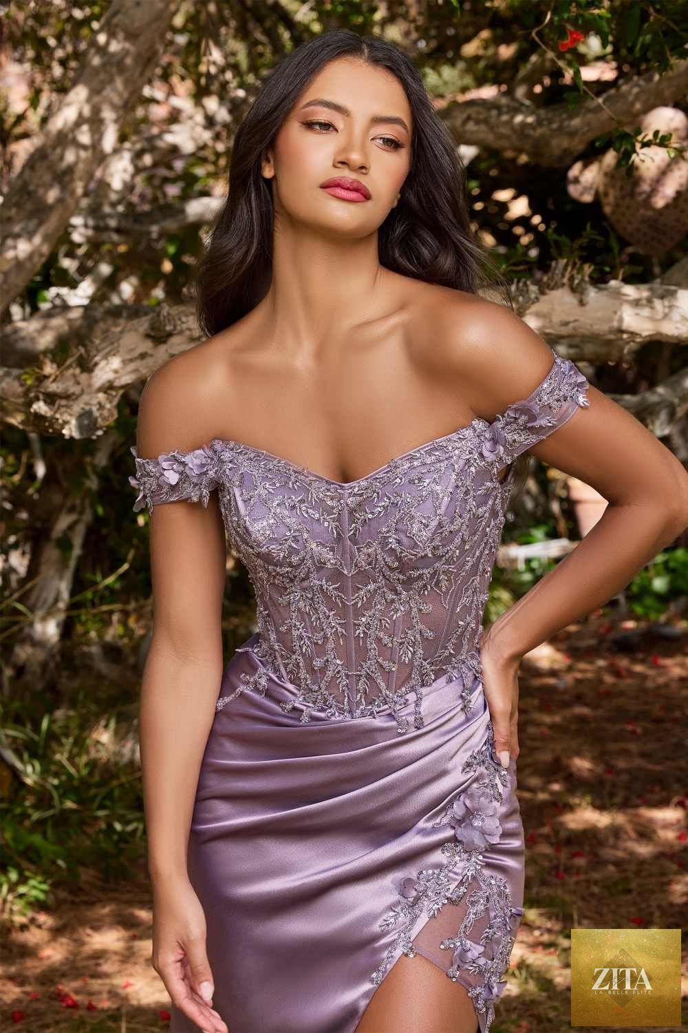 Dusty lavender Cinderella Divine CD0186 floral off-the-shoulder gown with slit, elegant long dress for special occasions.