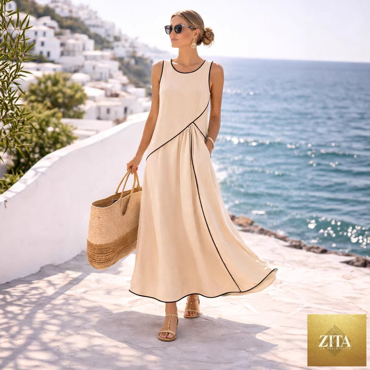 Mediterranean contrast color vacation casual dress by FitiqueFit in multiple colors, featuring a flowy design and relaxed fit.