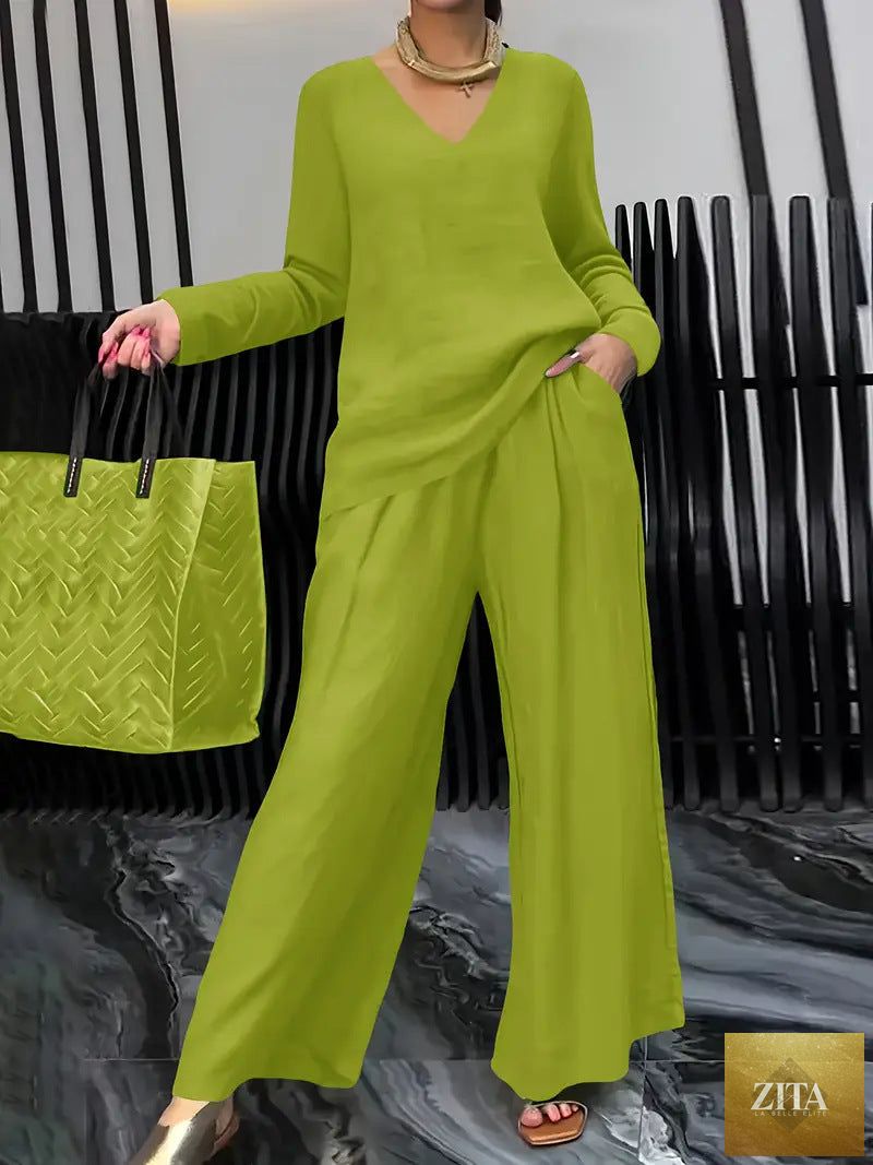 FitiqueFit solid color long sleeve top and pants two-piece travel set, casual and comfortable for travel or lounge wear.