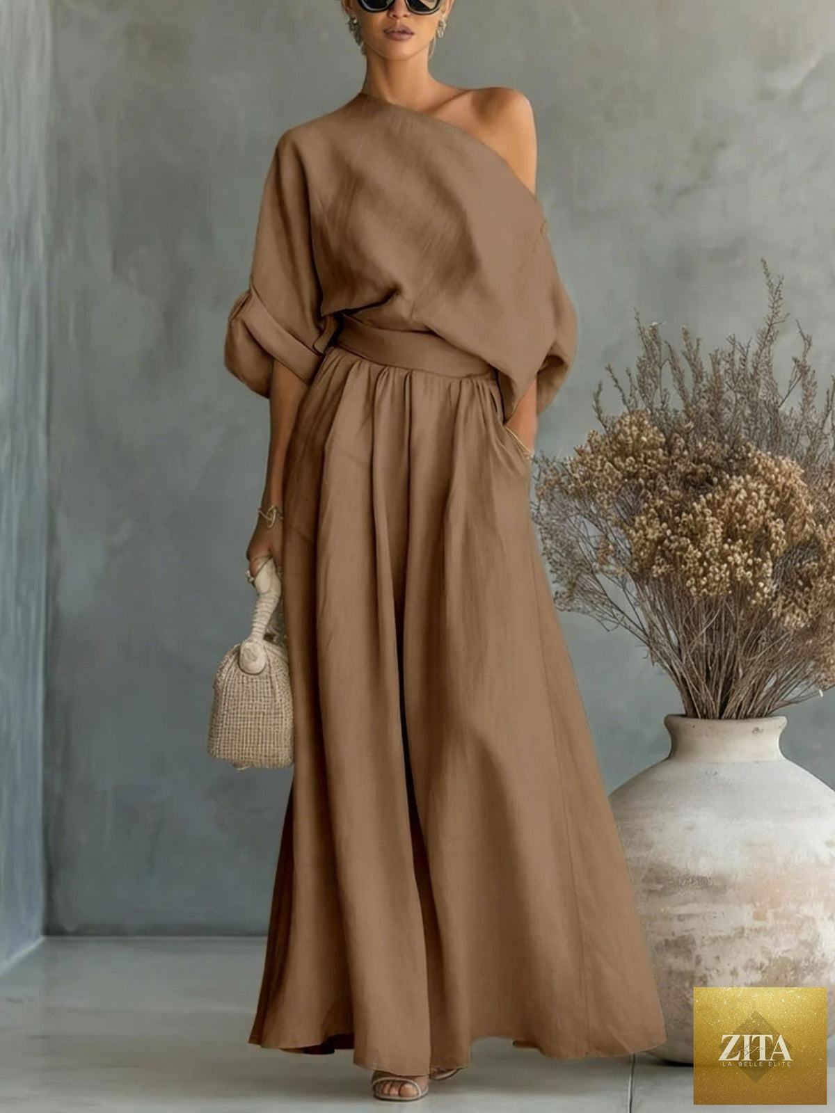 Zita La Belle Elite cropped off-shoulder top and pants two-piece casualwear set in various colors, shown on a model.
