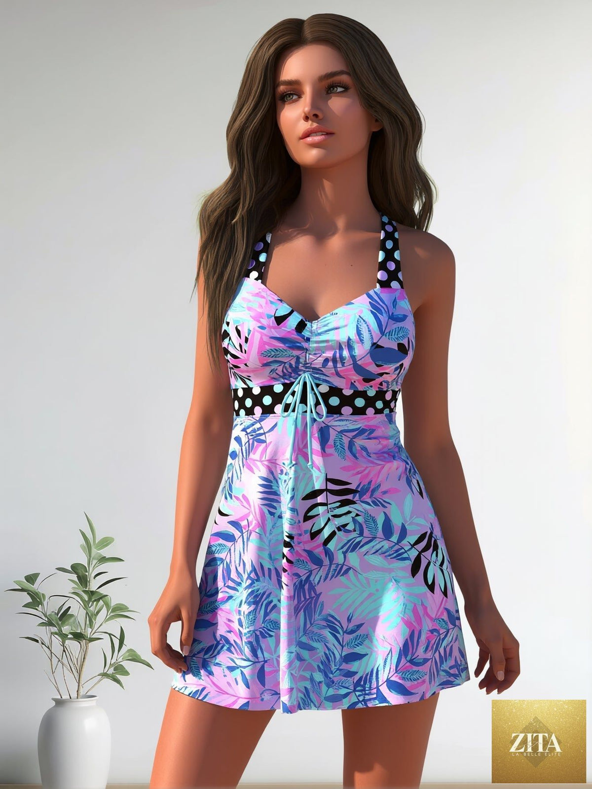 Women's high-neck tankini swimsuit with adjustable straps in plus size by Zita La Belle Elite, featuring a stylish swimwear design.