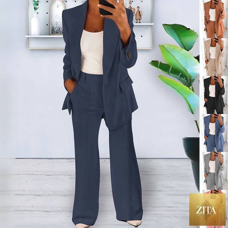 FitiqueFit two-piece suit featuring a lapel blazer and slim-fit trousers in various colors, shown in size XS to 5XL.