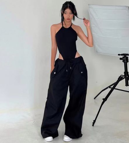 Women's high-waist lace-up straight-leg cargo pants by FitiqueFit, featuring a loose fit and casual style, shown in the image.