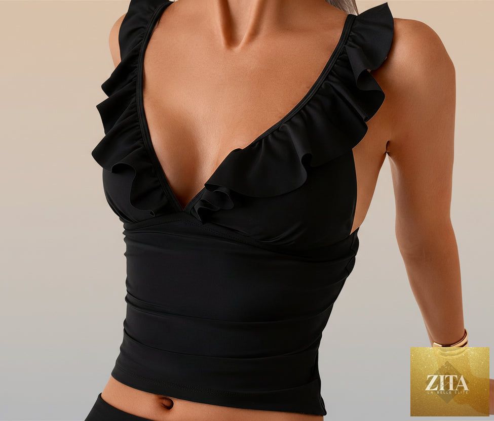 Women's ruffle trim bikini three-piece swimsuit set by FitiqueFit, featuring a stylish top, bottoms, and cover-up in casual beachwear style.