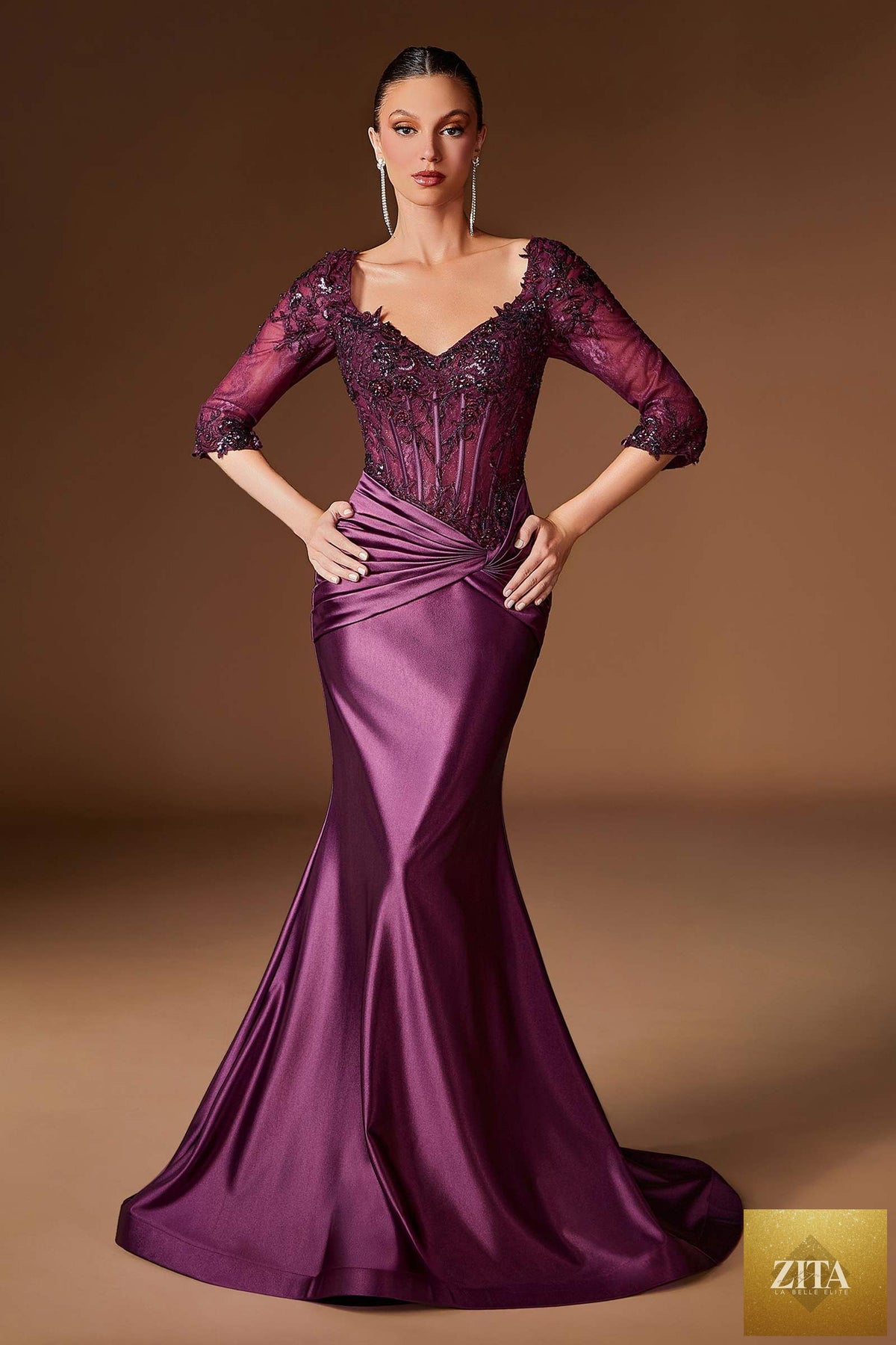 Eggplant-colored Ladivine CD731 fitted embroidered bodice stretch satin evening gown with elegant detailing and a sleek silhouette.