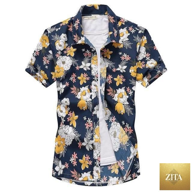 Mandotos short-sleeved men's aloha shirt with vibrant floral pattern, casual fashion chemise blouse, front view.