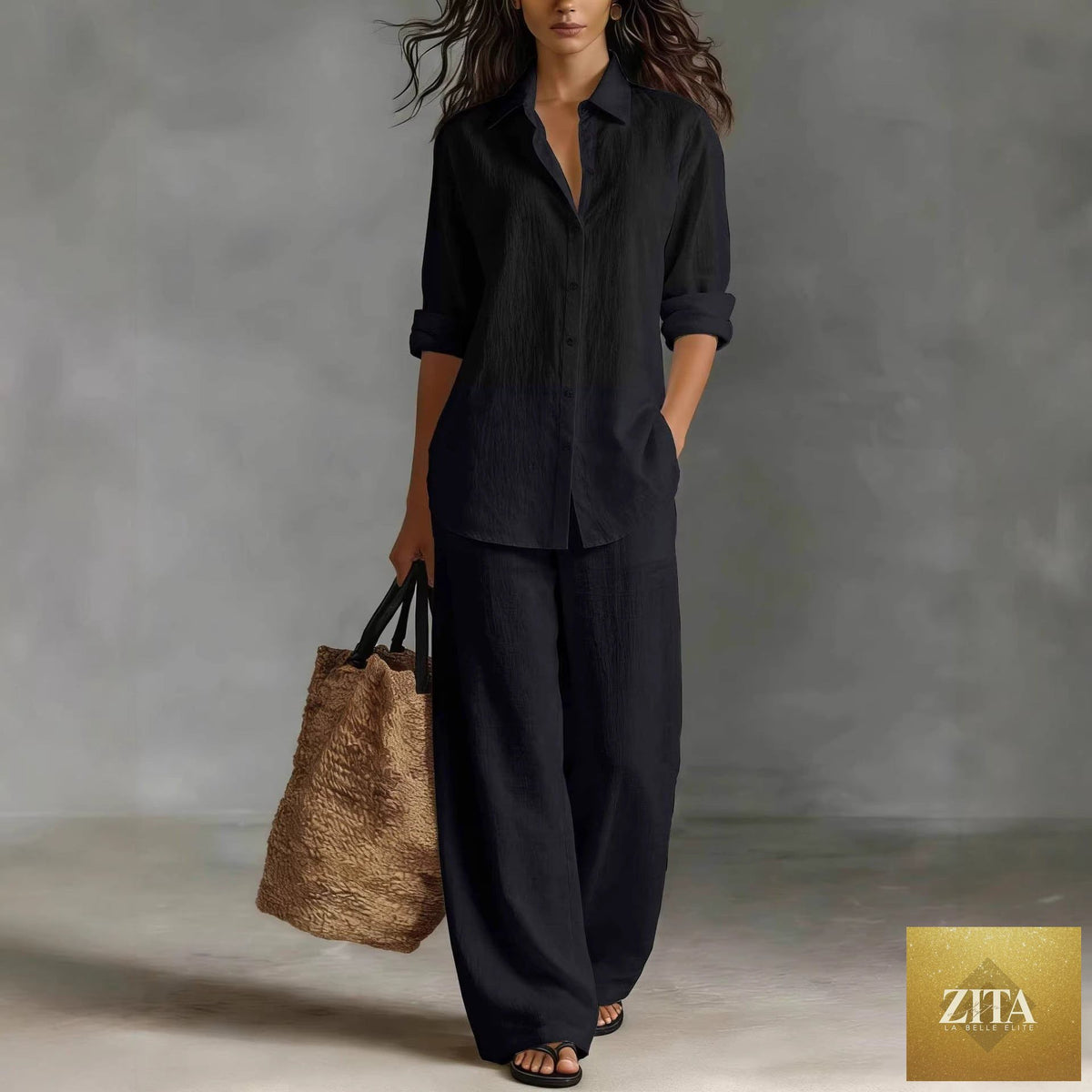 Zita La Belle Elite women's bohemian cotton-linen top and pants set, casualwear resort lounge co-ord, worn for relaxed summer style.