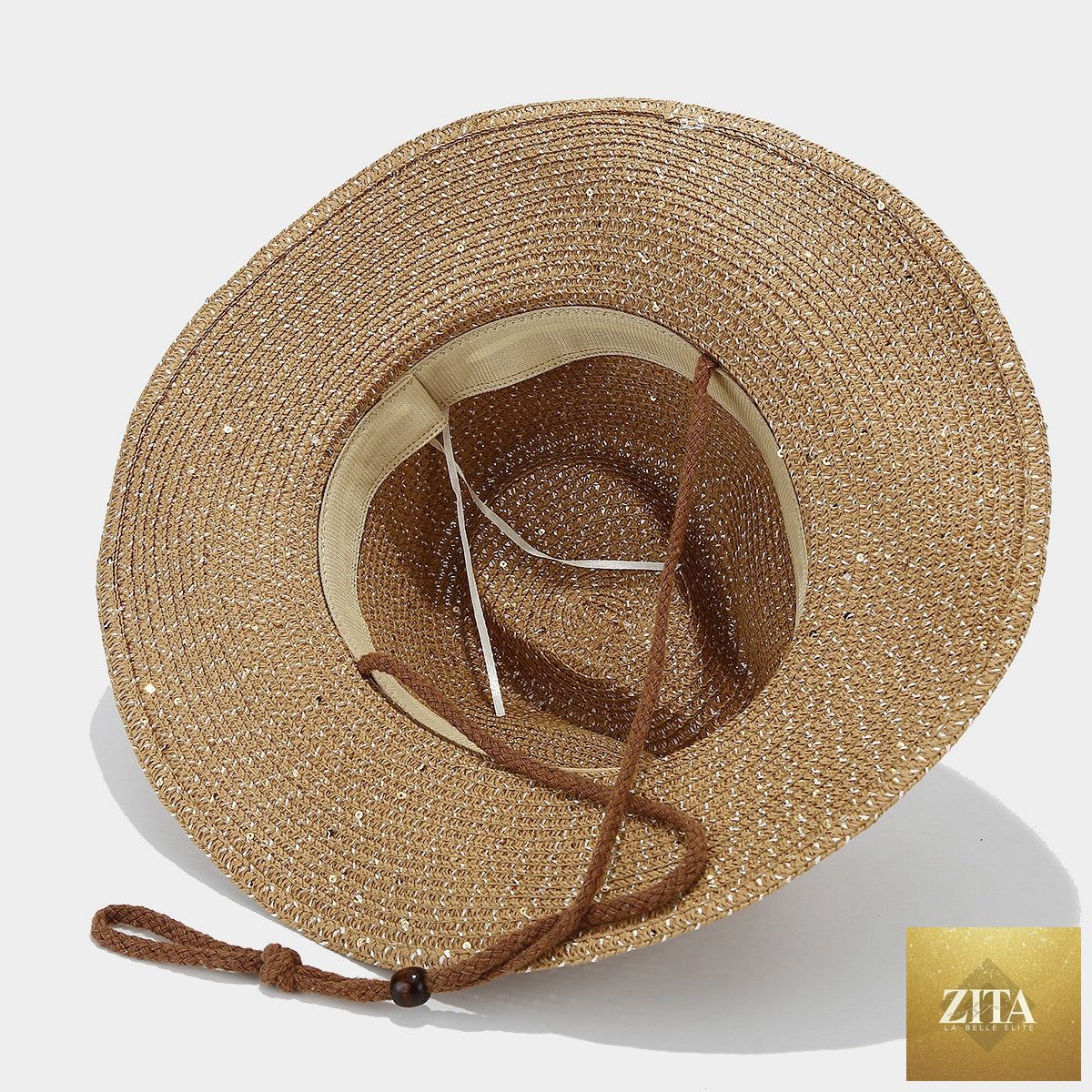 Women's Panama straw woven sun hat with sequin details, windproof design, perfect for beach or outdoor sun protection by Zita La Belle Elite.