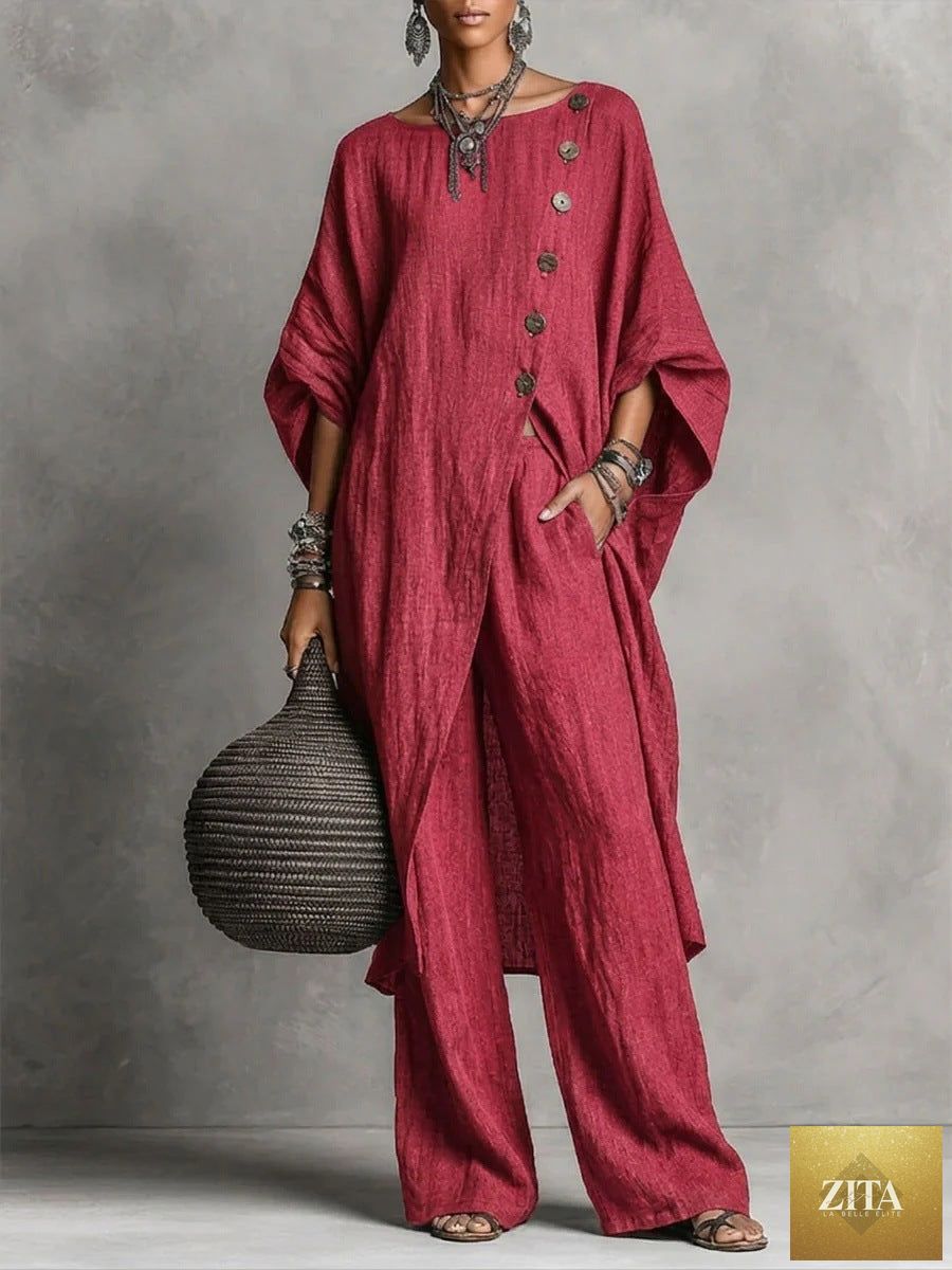 Women's casualwear Zita La Belle Elite drop shoulder three-quarter sleeve irregular shirt and matching pants set, shown on a model.