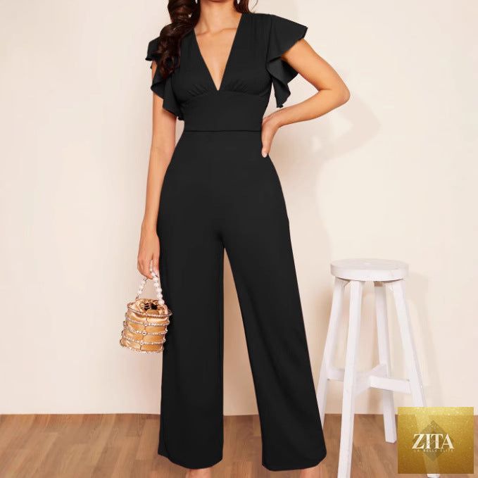 Women's high-waist ruffle trim jumpsuit in three colors by Zita La Belle Elite, casualwear, front view showing elegant design.