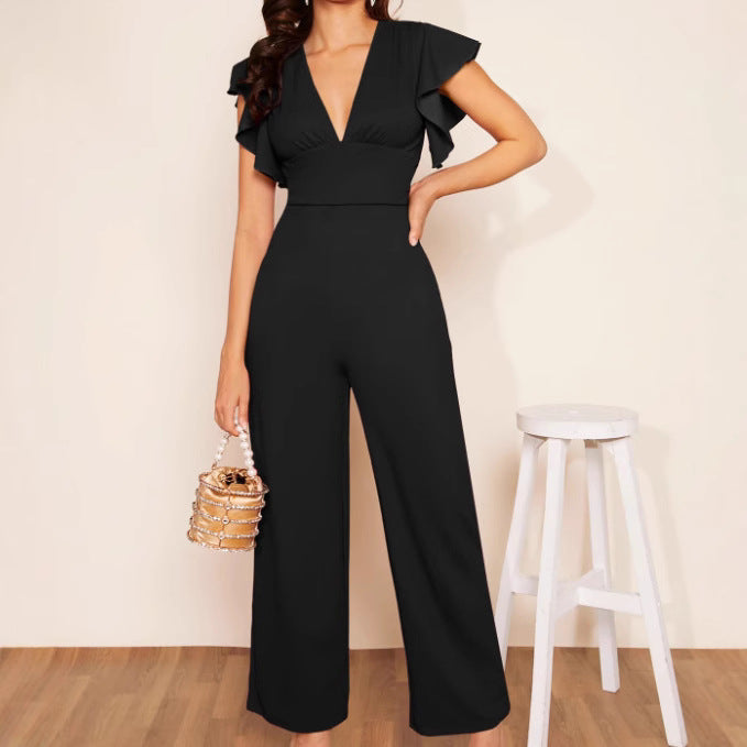 Women's elegant high-waist ruffle trim jumpsuit in three colors, casualwear by FitiqueFit, featuring a stylish and comfortable fit.
