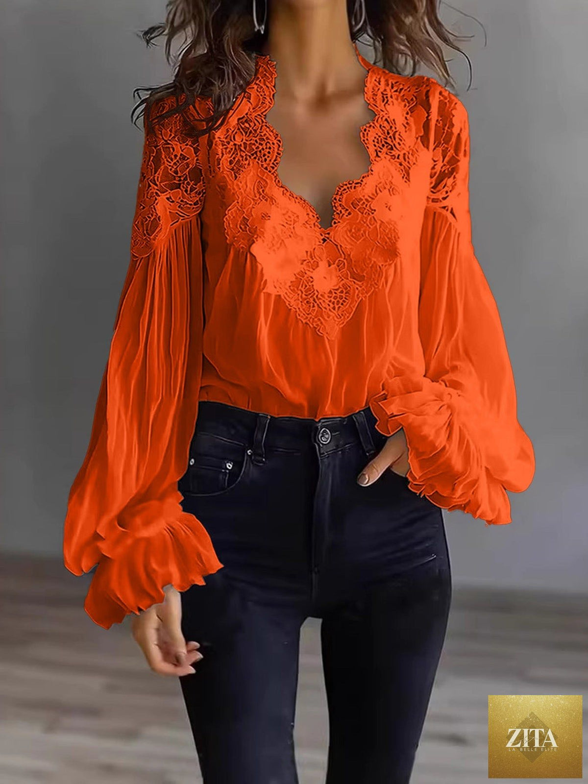 FitiqueFit ballet style lace-panel puff sleeve pleated ruffle shirt, elegant tops with feminine details and intricate lace accents.