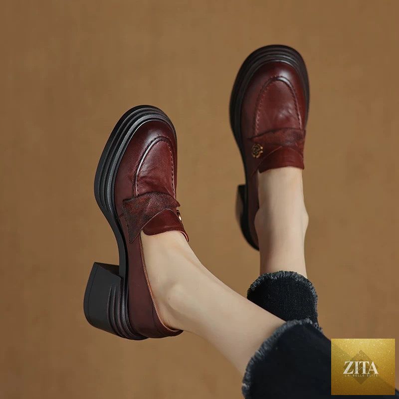 Women’s vintage chunky heel leather shoes by FitiqueFit featuring retro style, with a sturdy heel and classic leather finish.