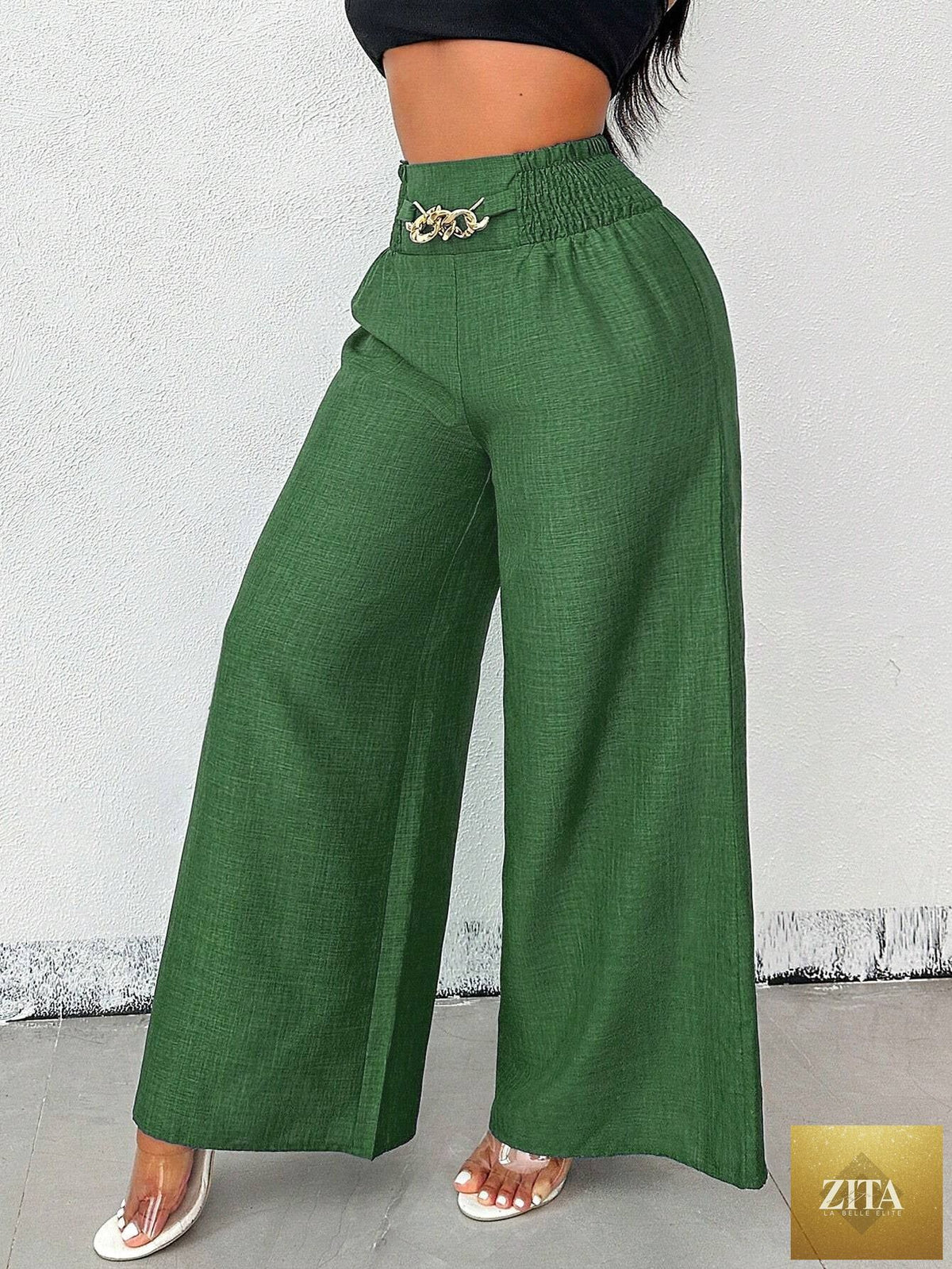 Women's high-waist drapey wide-leg pants by Zita La Belle Elite, featuring elastic drawstring and available in five colors.