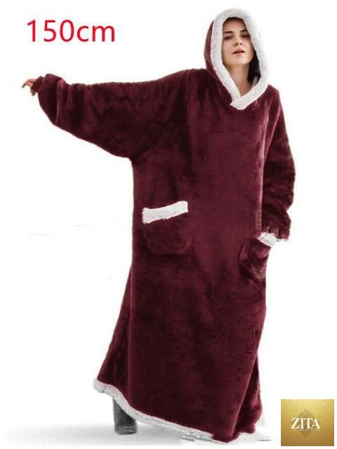 Mandotos winter TV hoodie blanket in dark color with oversized fit, featuring front pockets, designed for warm, cozy home wear for women and men.