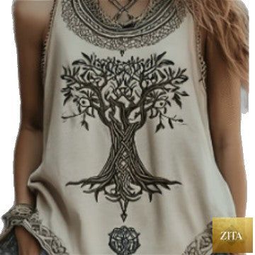 Plus size women's digital print pleated crew-neck tank top by Zita La Belle Elite, featuring vibrant streetwear style and lightweight fabric.