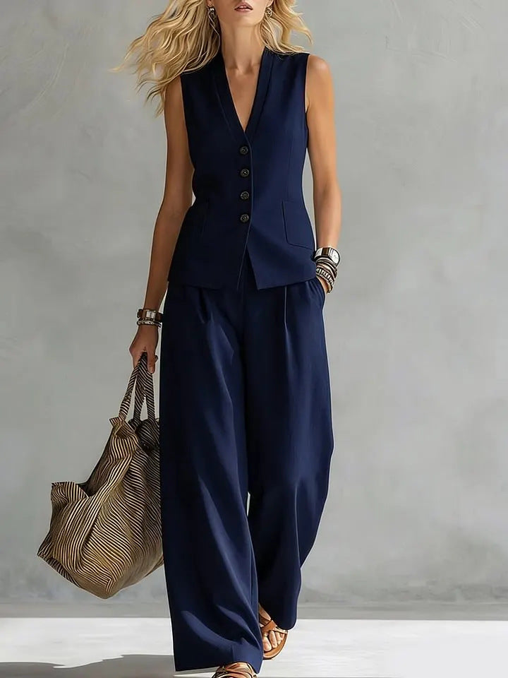 Women's solid linen sleeveless tank top and full-length pants set by FitiqueFit, casualwear outfit in light, breathable fabric.