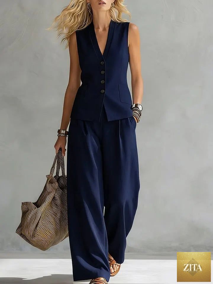 Women's solid linen sleeveless tank top and full-length pants set by Zita La Belle Elite, casualwear with a relaxed fit.