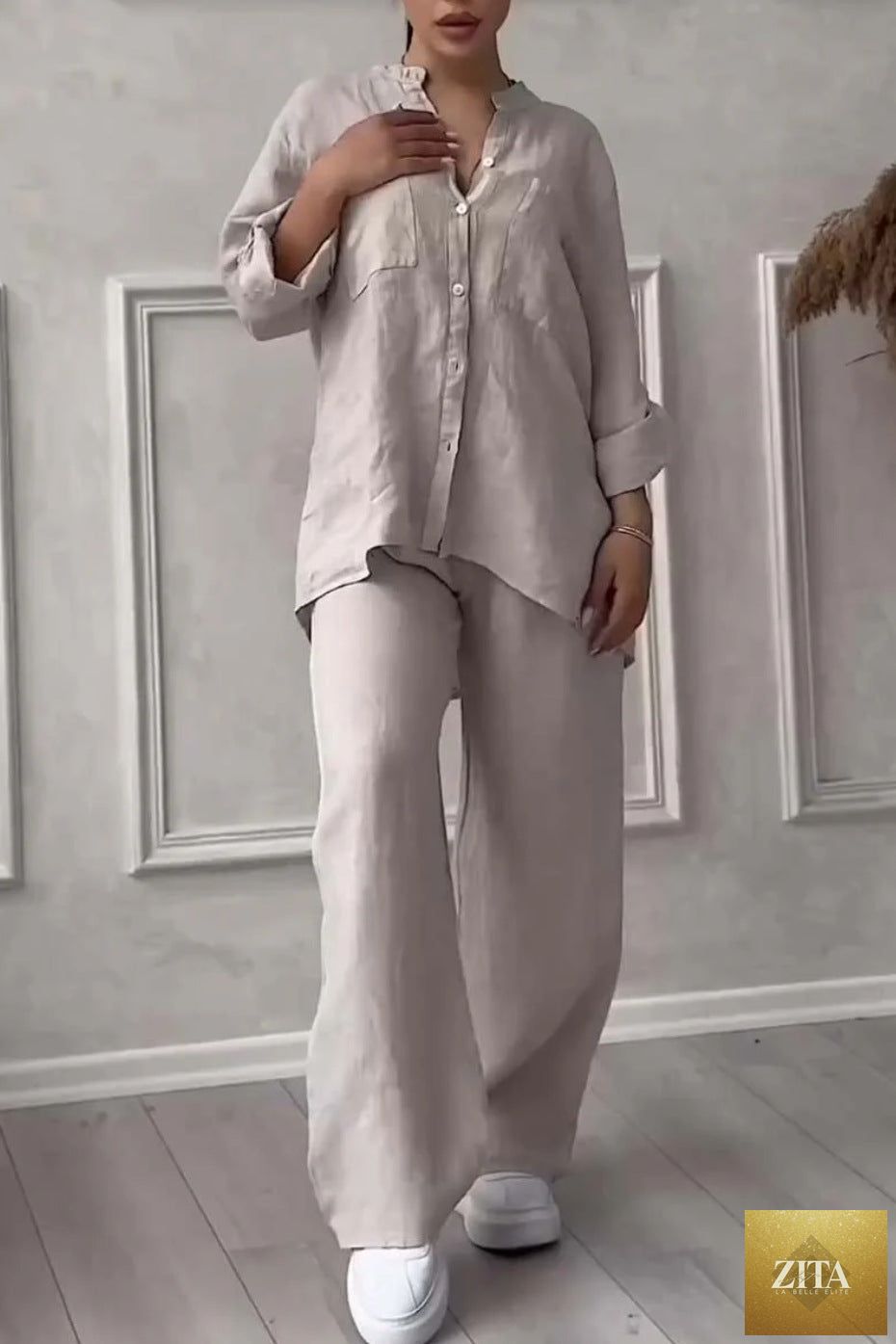 Zita La Belle Elite wide-leg pants and lace-up top two-piece set in solid color, available in 12 sizes and colors